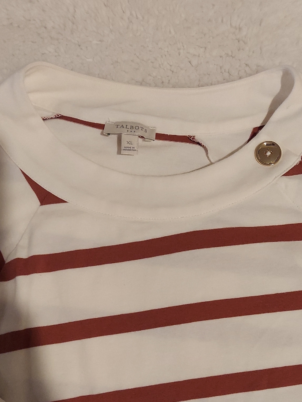Talbots Ivory and Rust Striped Boatneck Top with Gold Button